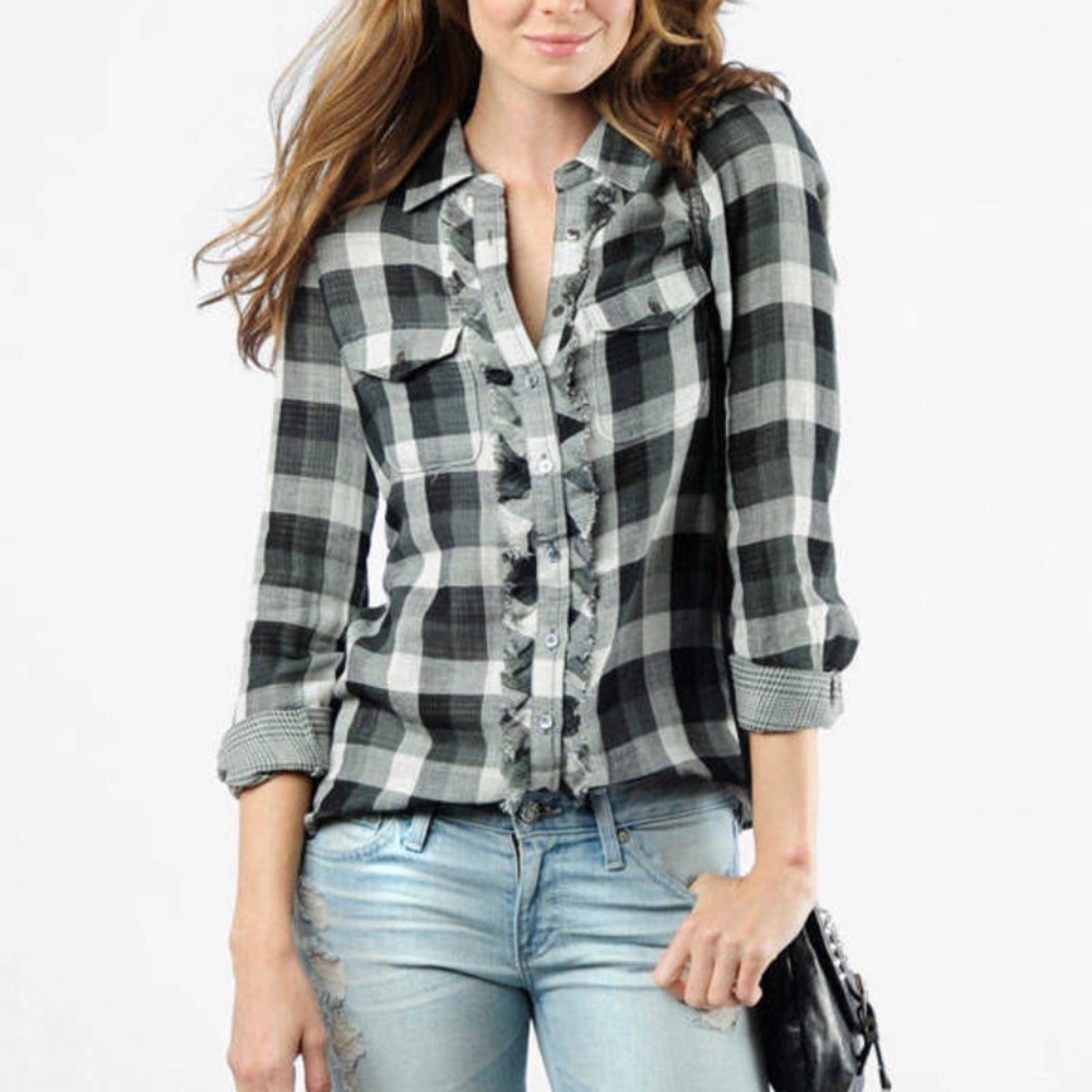 Joie Green Catori Plaid Ruffle Button Down Size XS